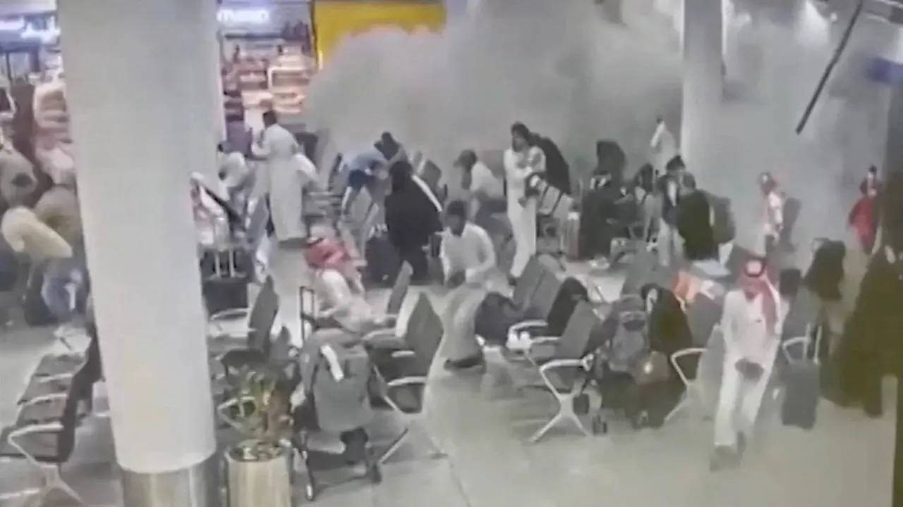 Security Camera footage shows a missile striking the Riyadh Airport in Saudi Arabia, killing 13 people and severely injuring dozens more (October 10, 2026)